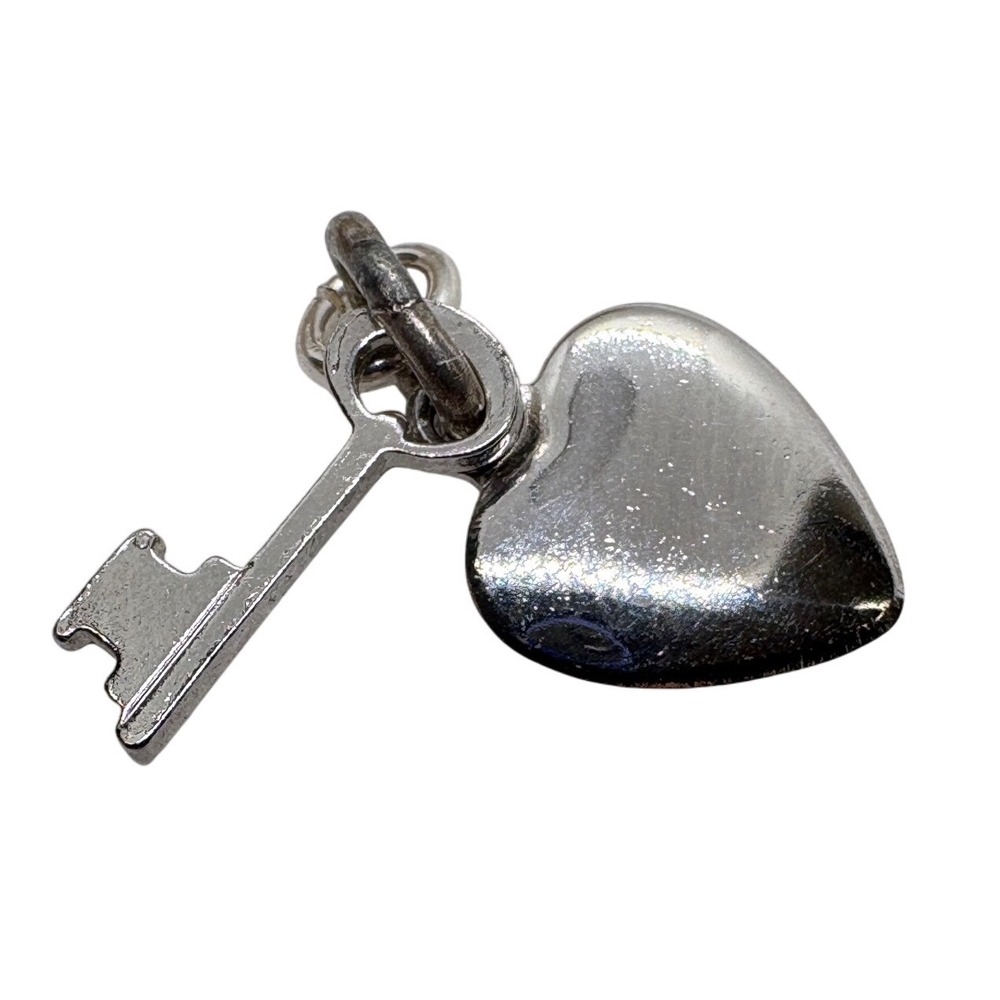 Wells Vintage Sterling Silver Heart and Key Charm Rhodium Plated Puffed Heart